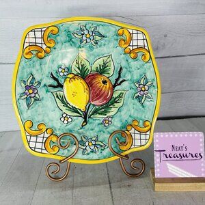 Vietri Sul Mare Italian Pottery Hand Painted Lemon Flowers 11.75" Square Plate